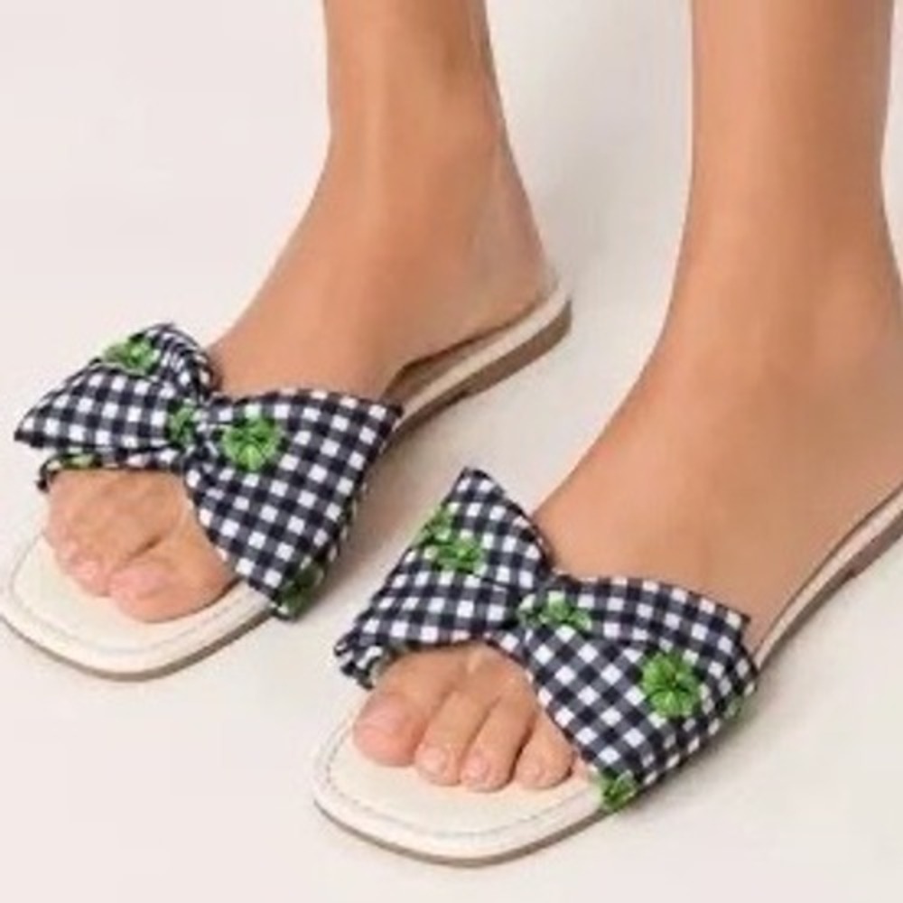 Kate Spade Bikini Bow Slide Sandal Fresh White Rad Green Gingham K1627 Sz 9.5B